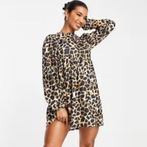 ASOS Design, New Oversized Long Blouson Sleeve Animal Print Mini Dress Size 8